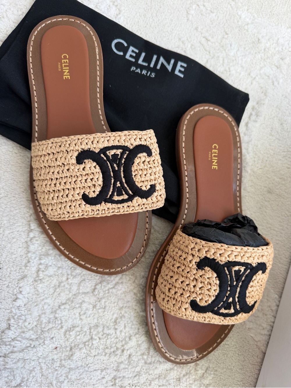 Celine Tan Crochet Slide Sandals with Black Embroidered Logo